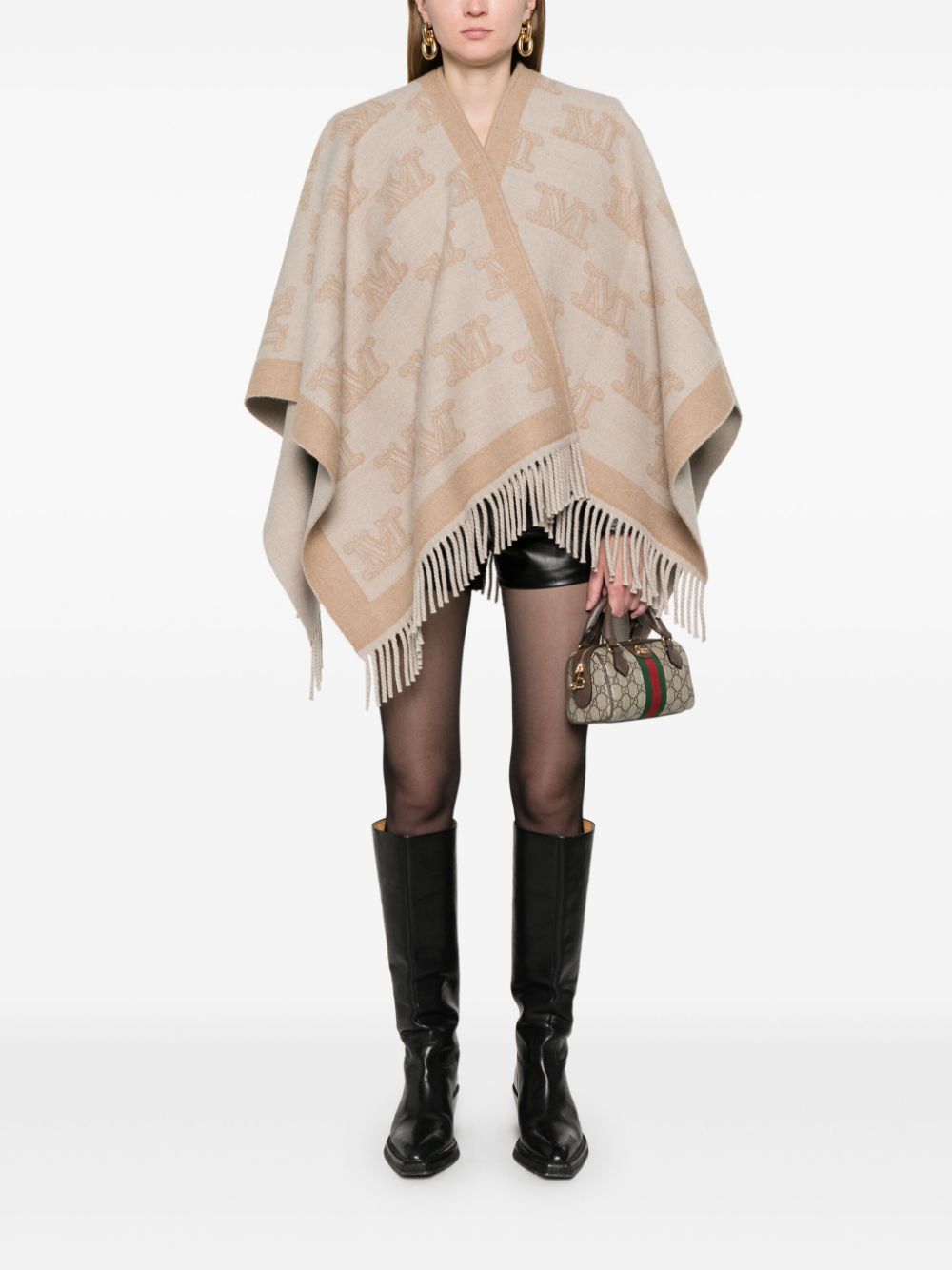 Max Mara Logo Wool Cape In Nude