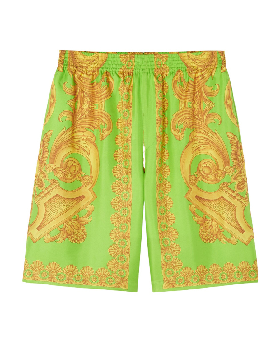 Versace Green And Gold Shorts With All-over Barrocco Print In Silk Man In Green