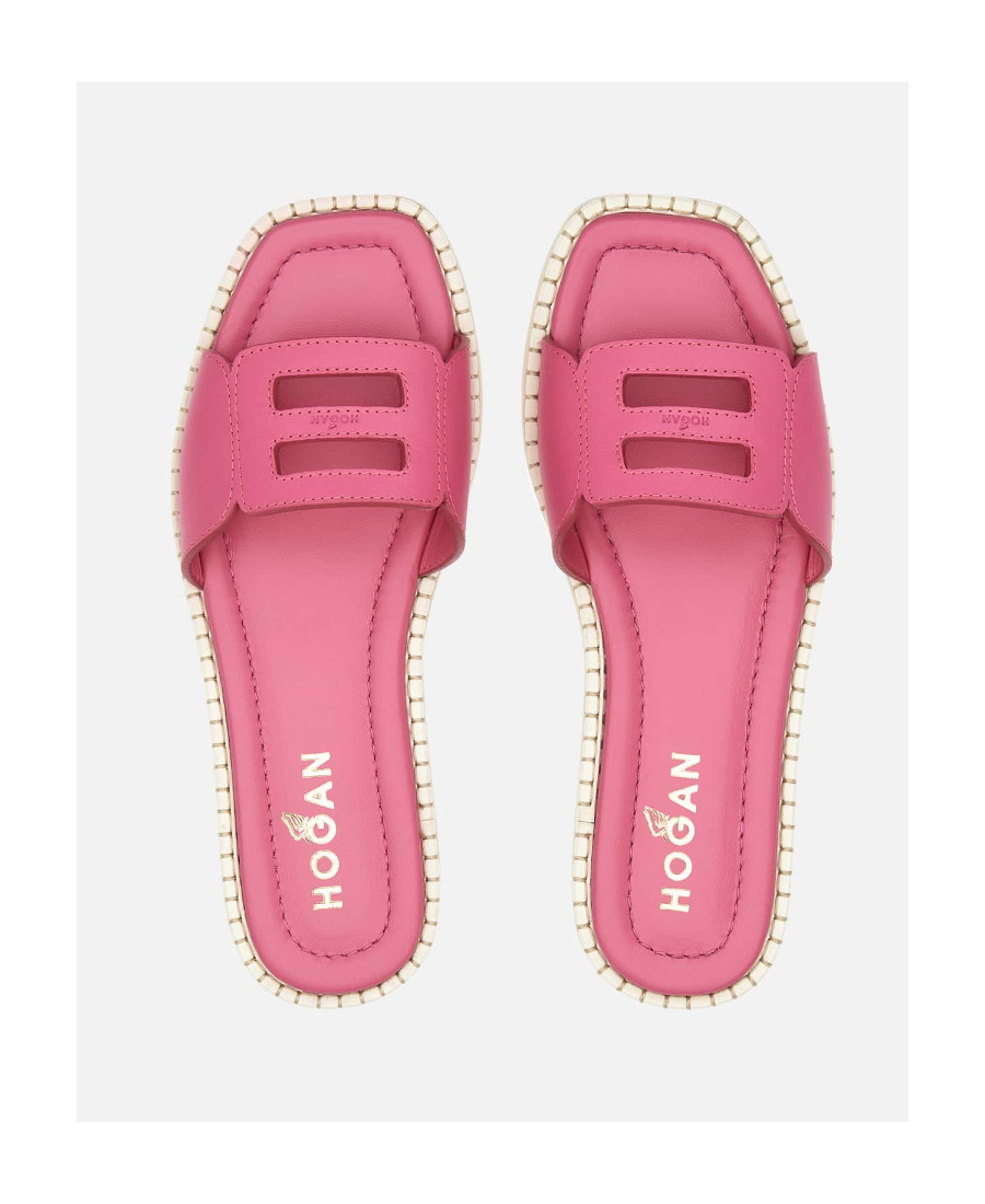 Shop Hogan H638 Flat Leather Sandals In Nude