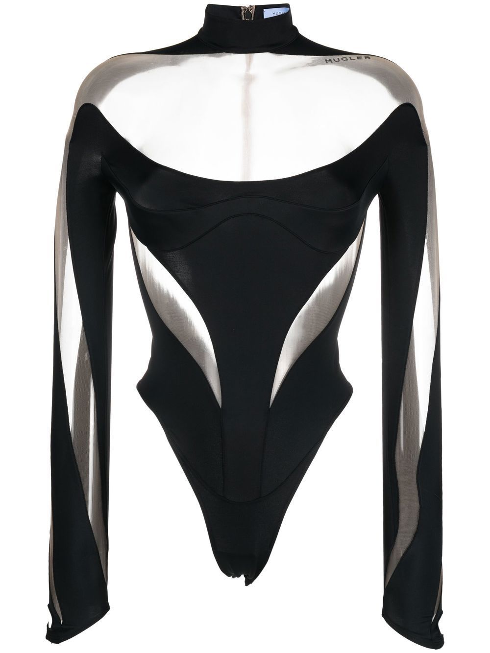 Mugler Star-print Mesh Bodysuit In Black