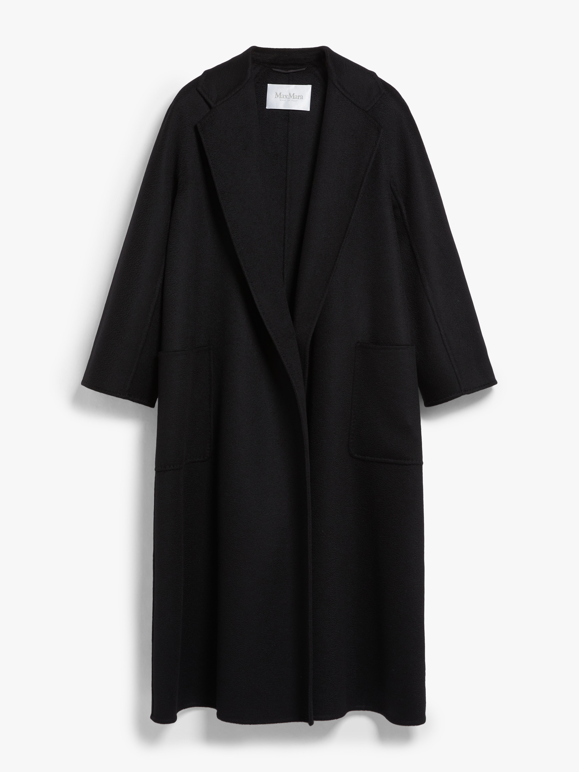 Max Mara Black Belted Long Coat With Notched Collar And Smooth Finish In Black