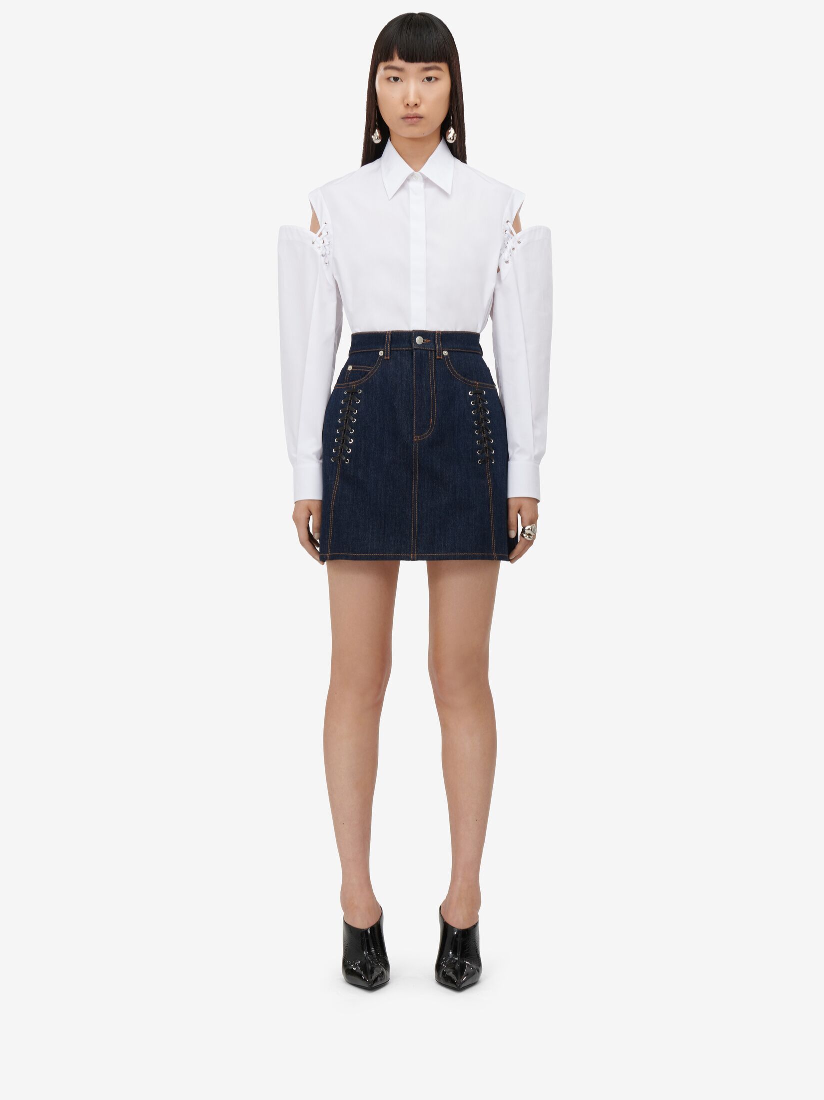Alexander Mcqueen Lace-detail Denim Miniskirt In Blue
