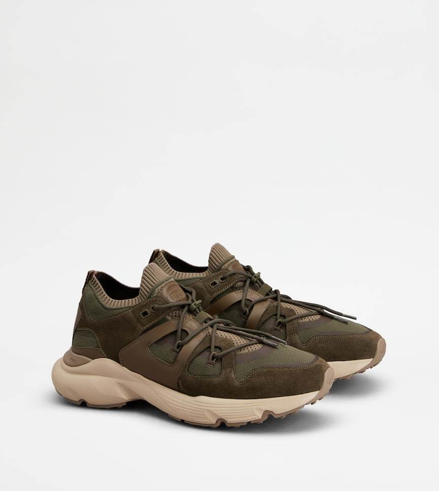 Tod's Sneakers In Leather And Technical Fabric In Brown