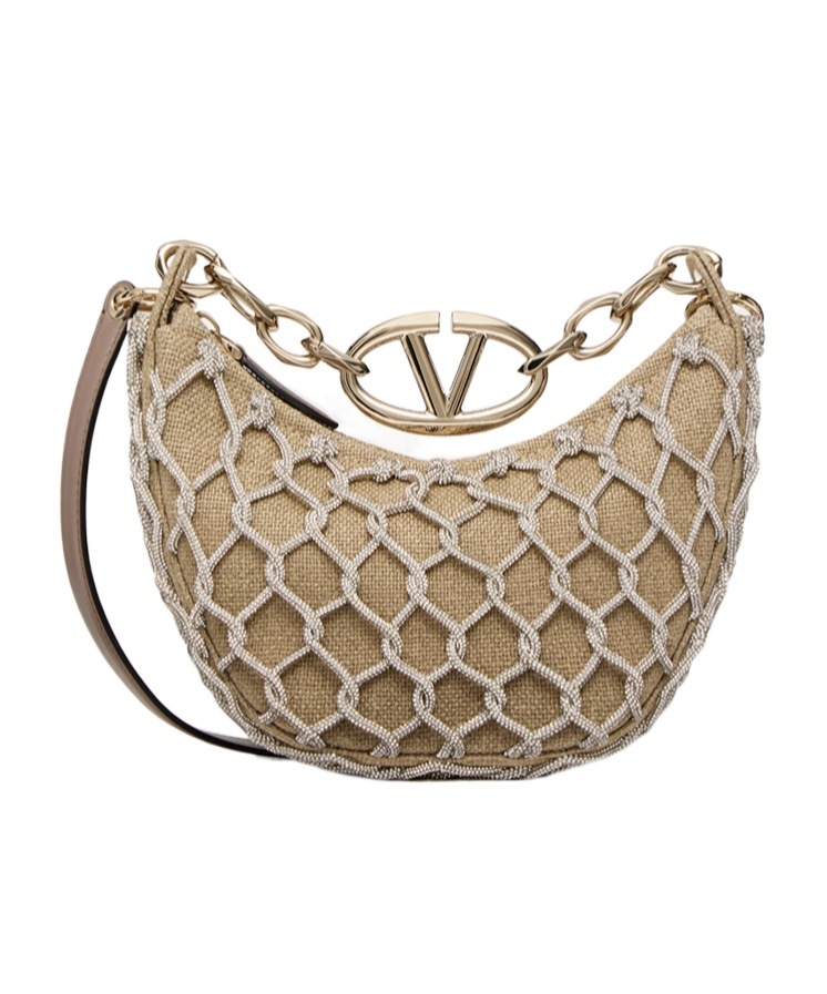 Valentino Vlogo Moon Mini Hobo Bag In Linen And Rhinestone Mesh With Chain In Brown