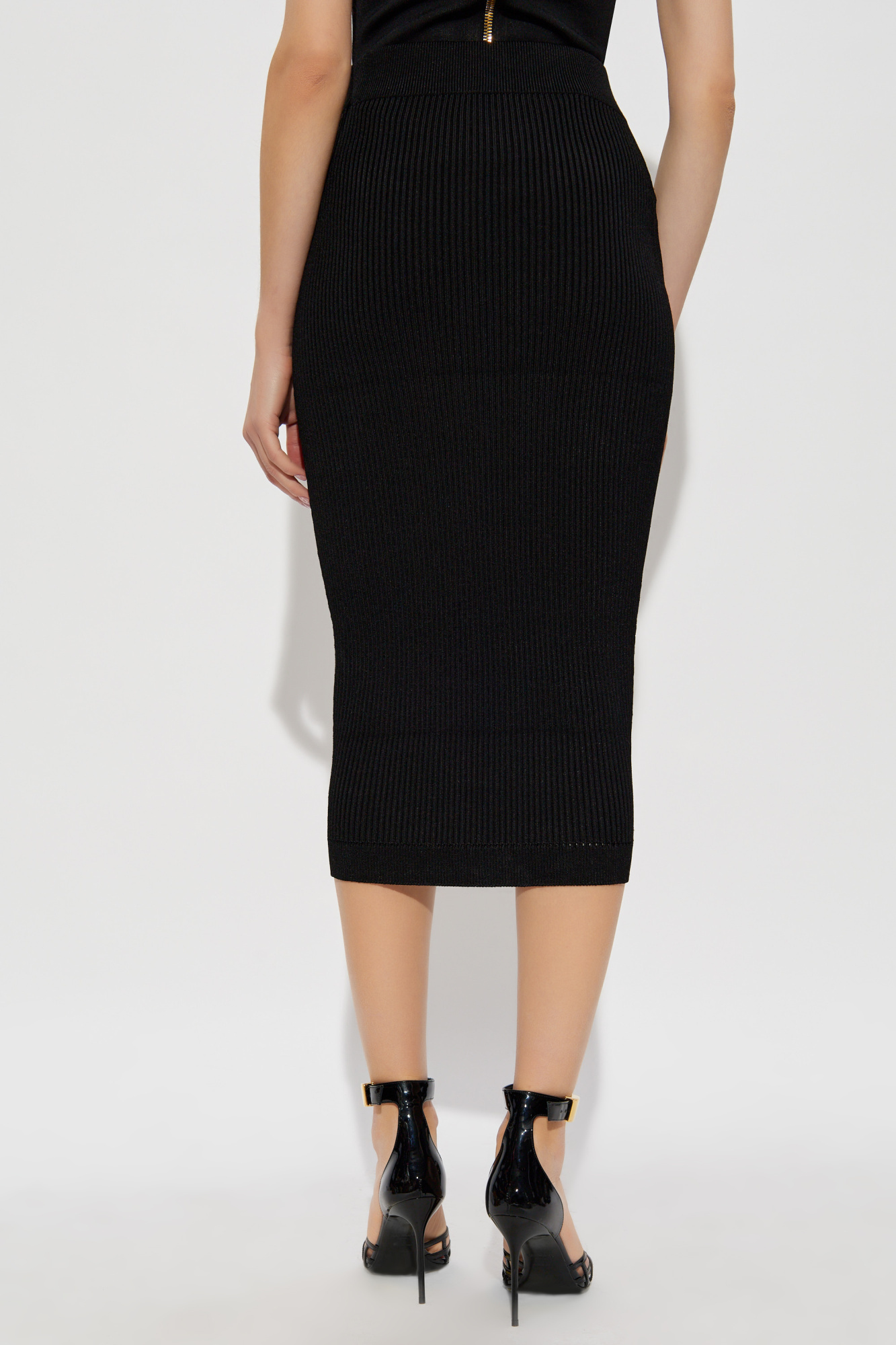 Shop Balmain Ribbed Midi Skirt In Black