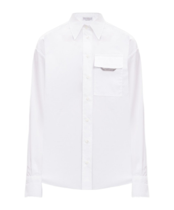 Brunello Cucinelli Button-front Poplin Shirt With Monili Pocket In White