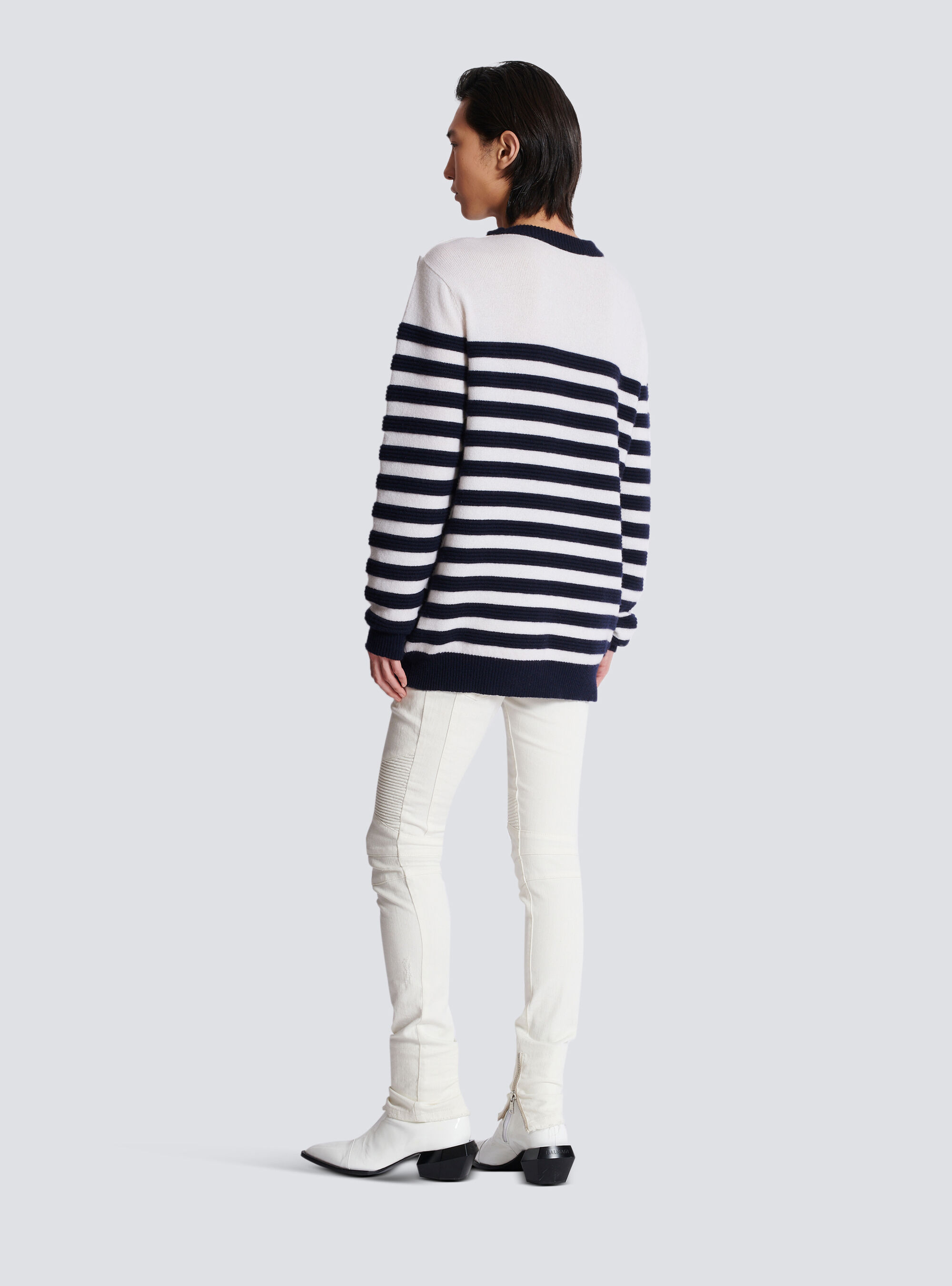 Balmain Button-detail Striped Cashmere Jumper In White