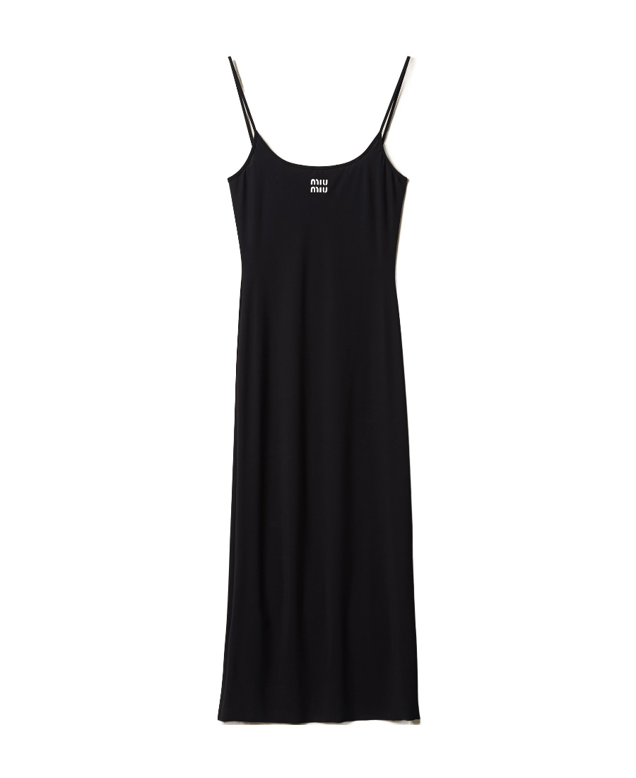 Miu Miu Drs Midi Sqr Nck Slvlss Frnt Lofo Fttd Jrsy In Black
