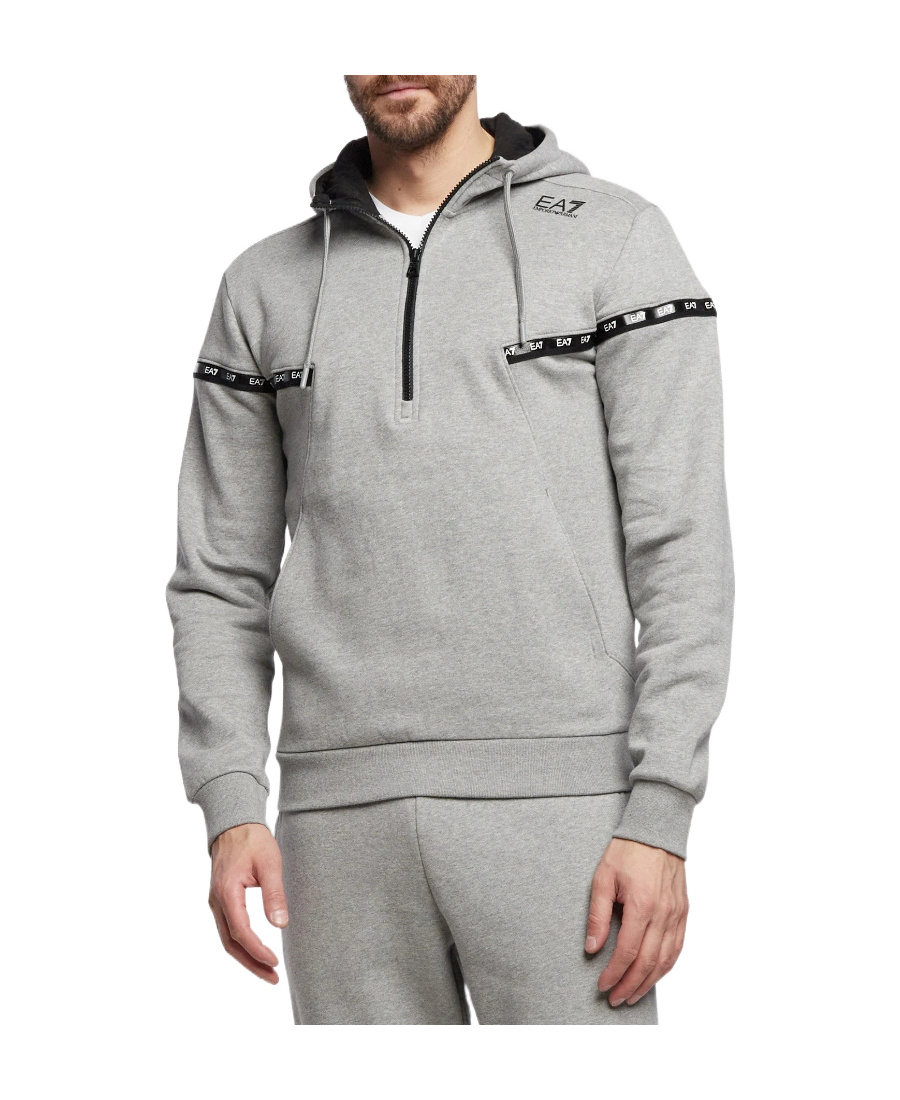 Ea7 Semi-zipper Design Logo Hooded Sweater In Gray