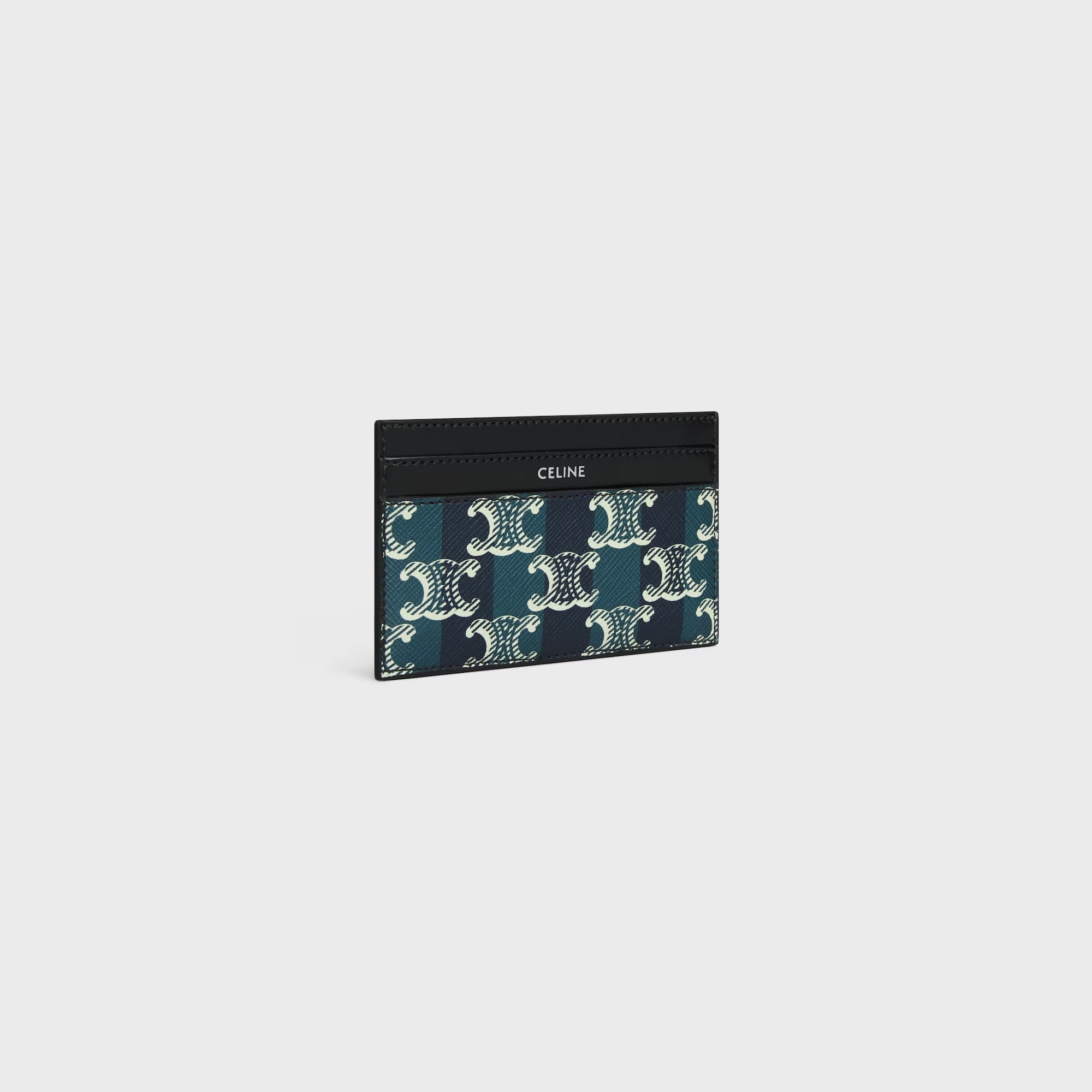 Celine Medium Card Holder In Striped Triomphe Canvas And Calfskin In Blue