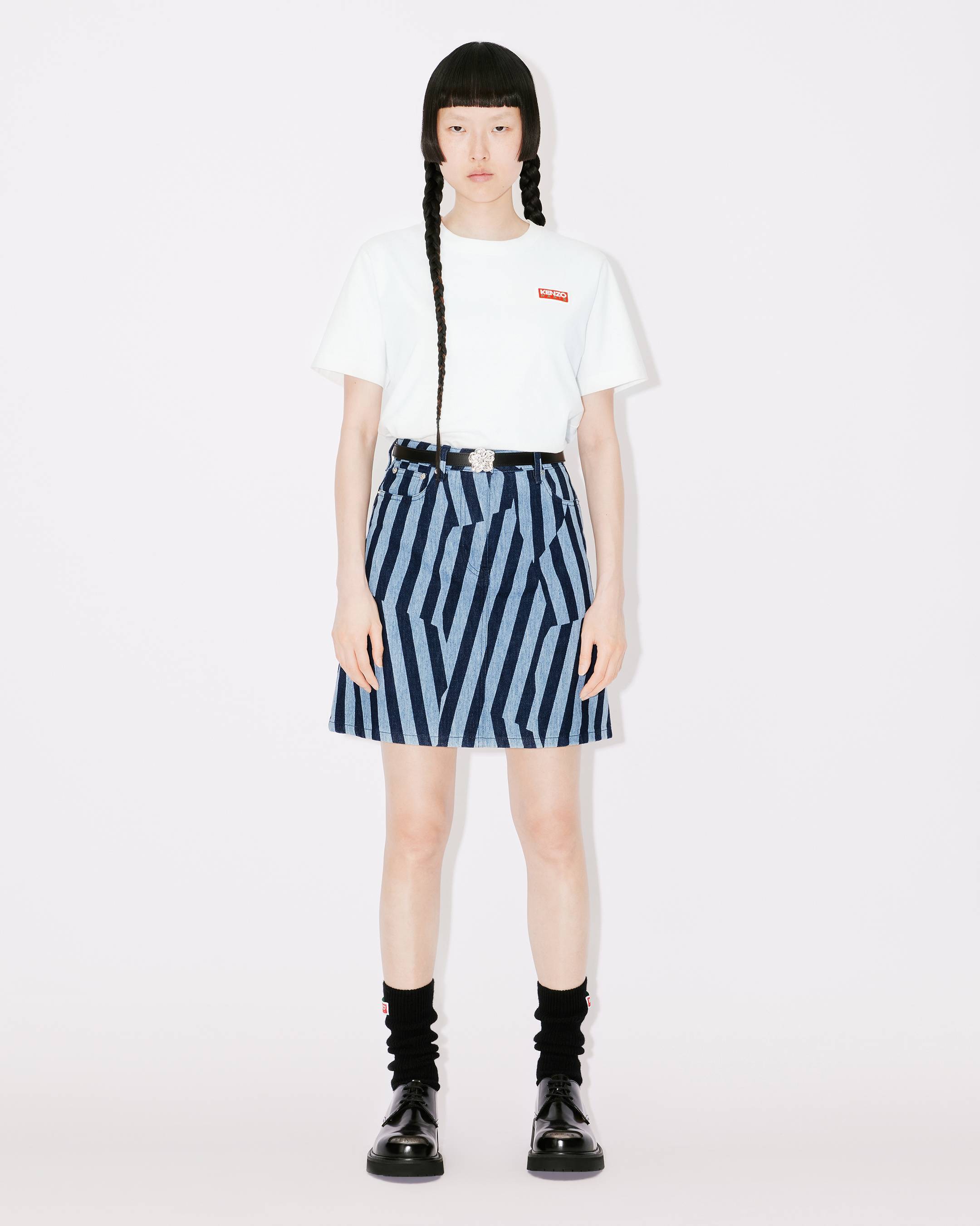 Kenzo Striped Denim Skirt Featuring Pockets In Blue
