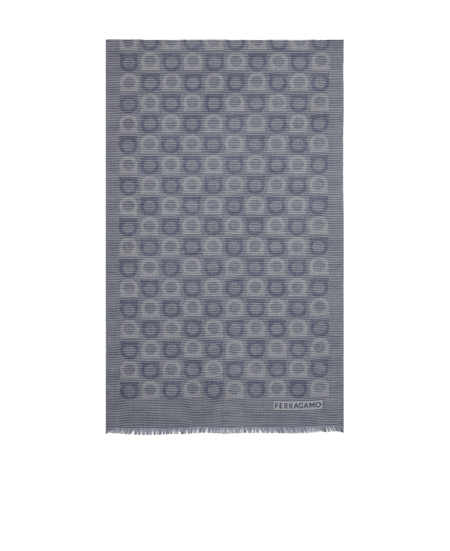 Ferragamo Gancini-print Frayed-hem Scarf In Gray