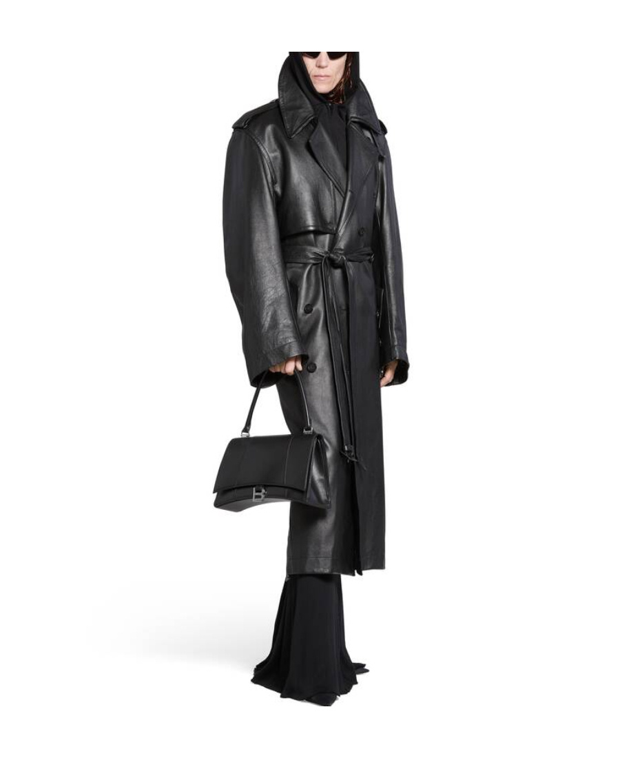 Balenciaga Notched-lapels Leather Trench Coat In Black