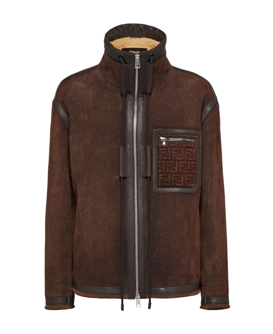 Fendi Logo-embossed Shearling Jacket In Brown