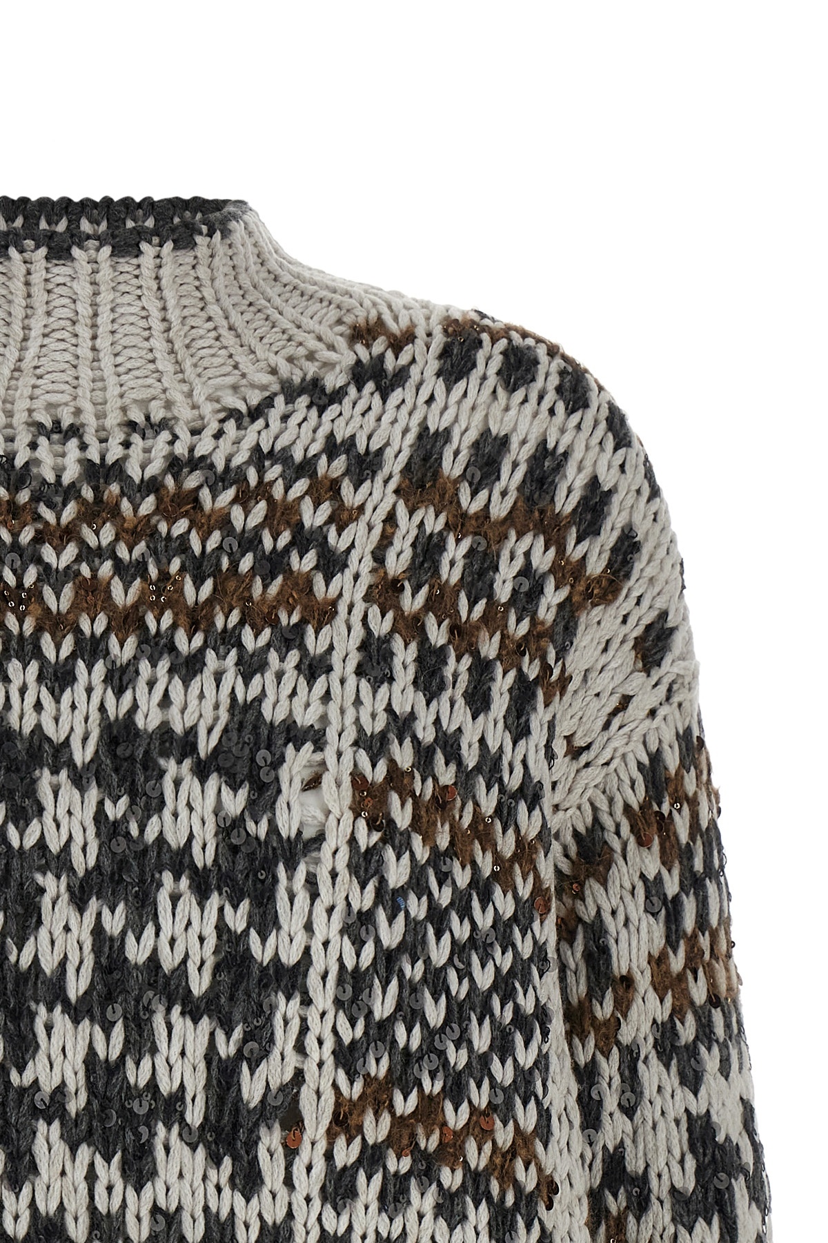 Brunello Cucinelli Chunky Knit Crew Neck Long Sleeve Sweater In Gray