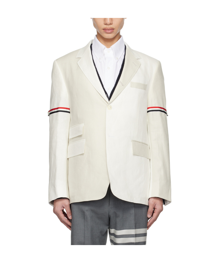 Thom Browne Rwb Stripe Single-breasted Linen Blazer In White