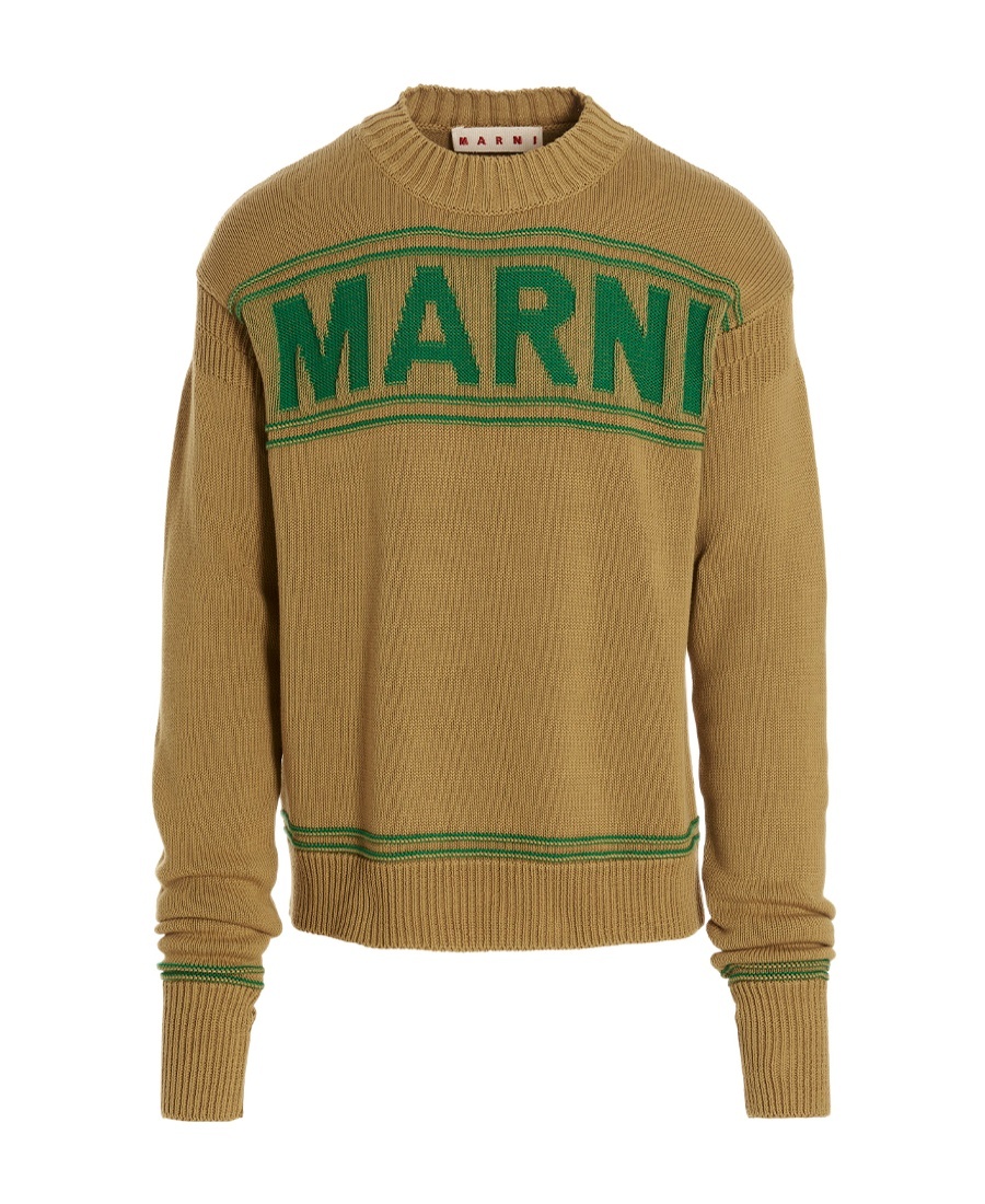 Shop Marni Dark Yellow Cotton-knit Sweater With Inlaid Logo In Green