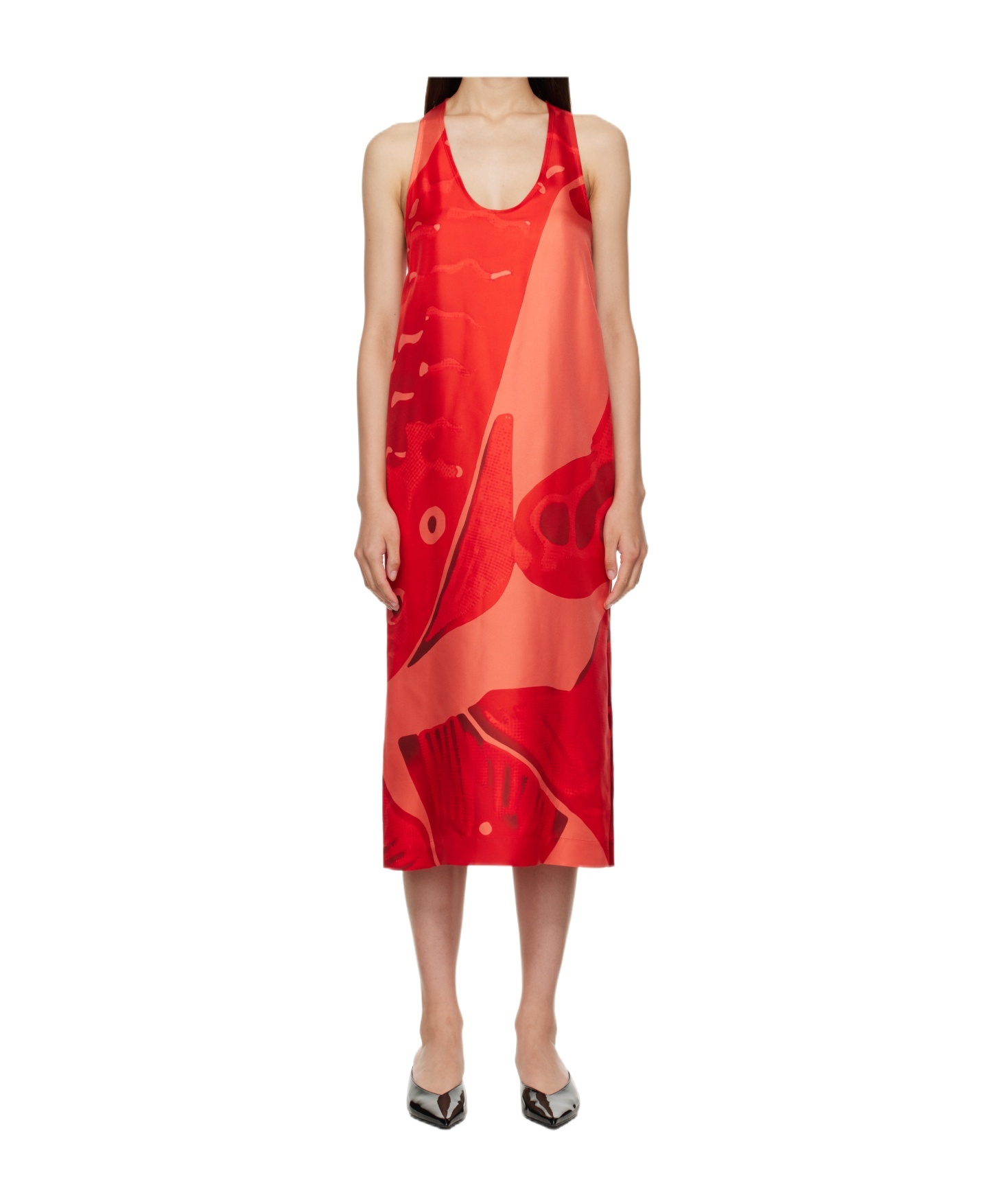 Ferragamo Red Fish Print Silk Maxi Dress In Red