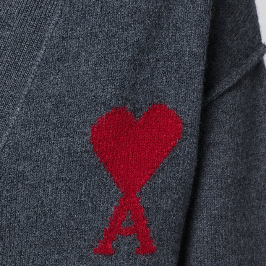 Ami Alexandre Mattiussi Dark Grey Wool Cardigan With Embroidered Heart Detail In Blue