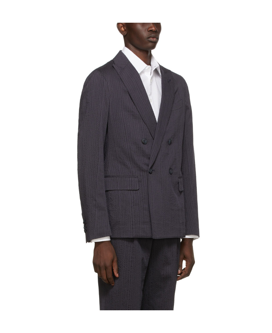 Giorgio Armani Navy Blue Logo Double-breasted Suit Jacket In Black