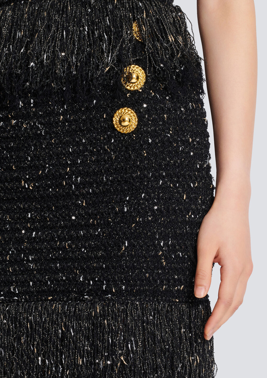 Balmain Fringed Tweed Short Skirt With 6 Buttons In Black
