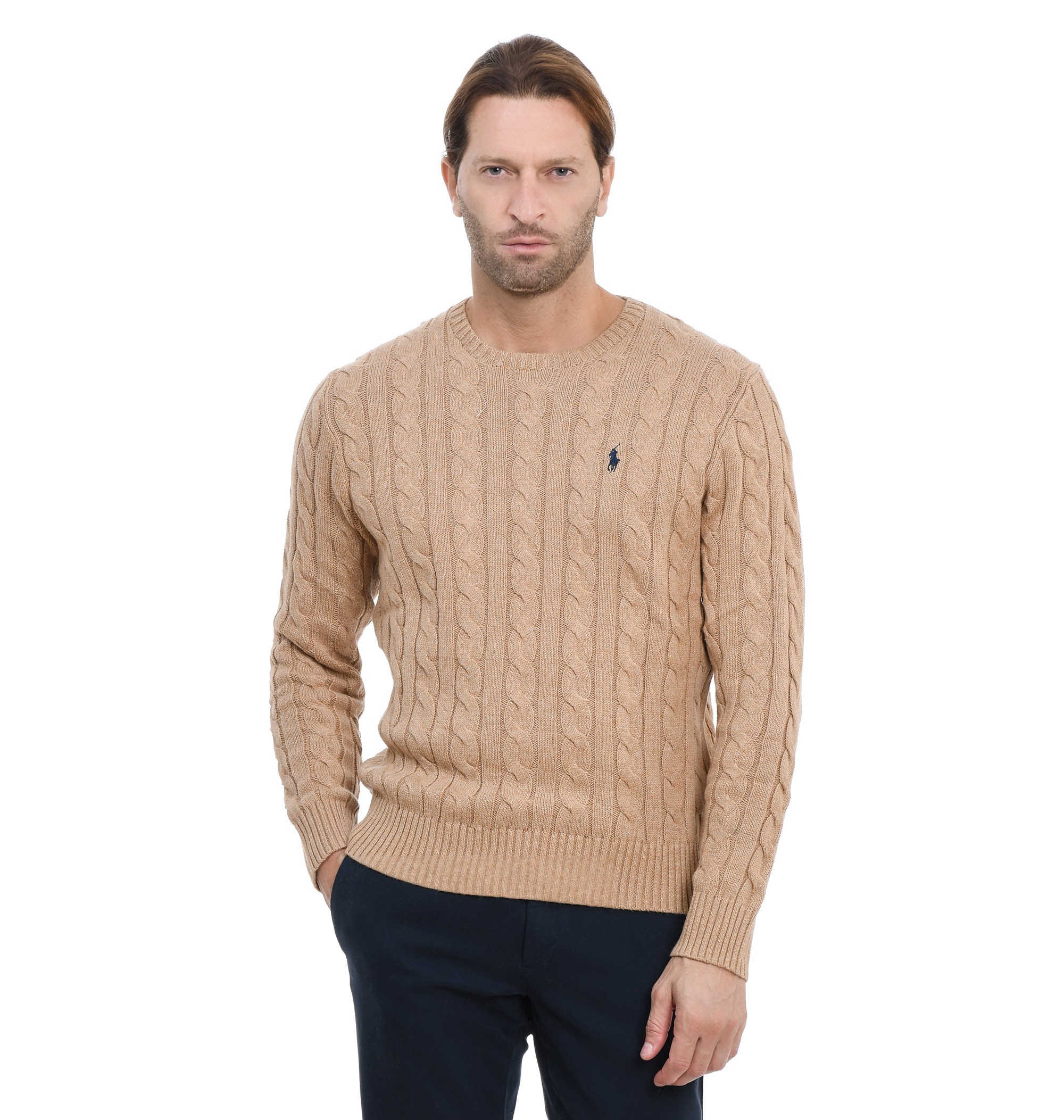 Polo Ralph Lauren Beige Cable Knit Crewneck Sweater With Pony Embroidery On The Front In Wool And Cashmere Man In Brown