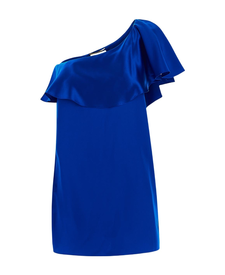 Saint Laurent One-shoulder Ruffle Satin Mini Dress In Blue