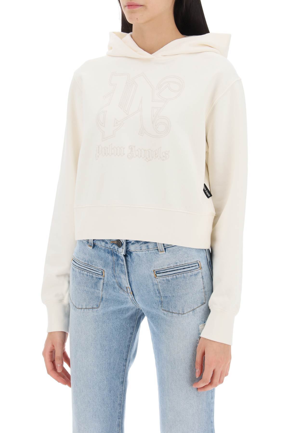 Palm Angels Cropped Hoodie With Monogram Embroidery In White