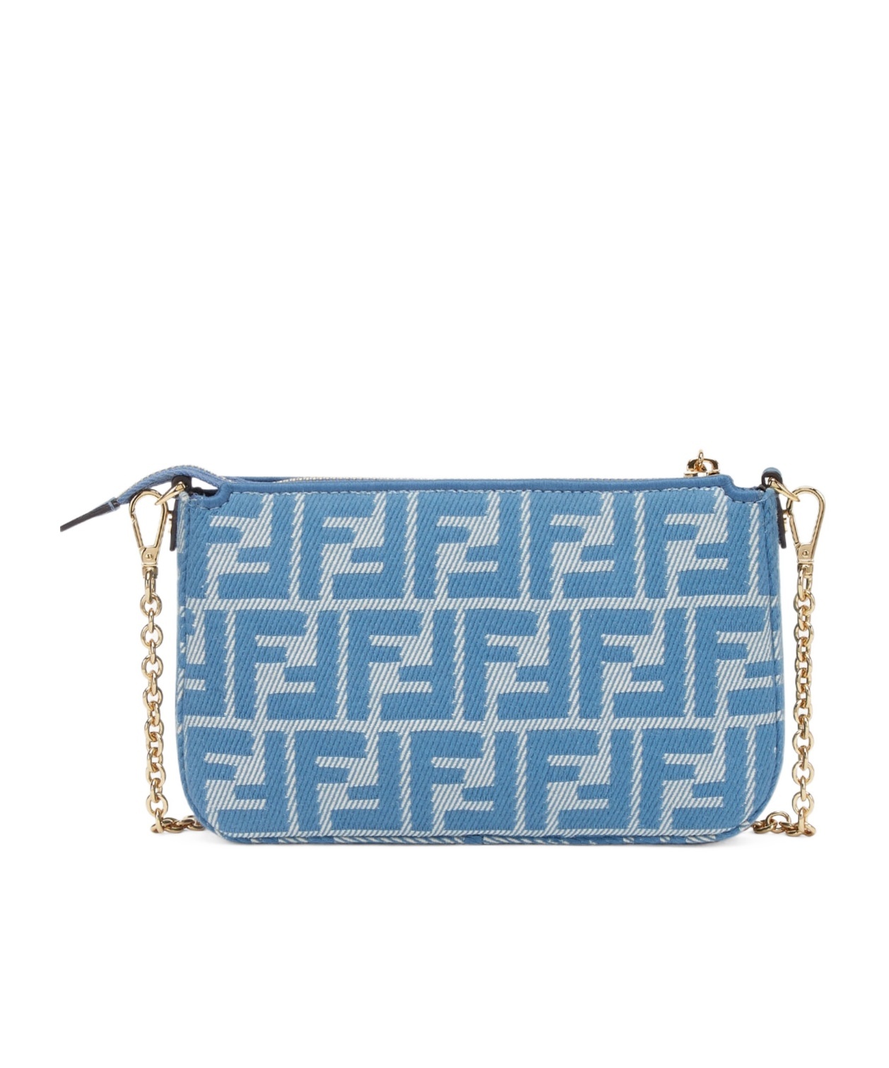 FENDI BLUE DENIM-EFFECT FF JACQUARD CHARM POUCH WITH CHAIN