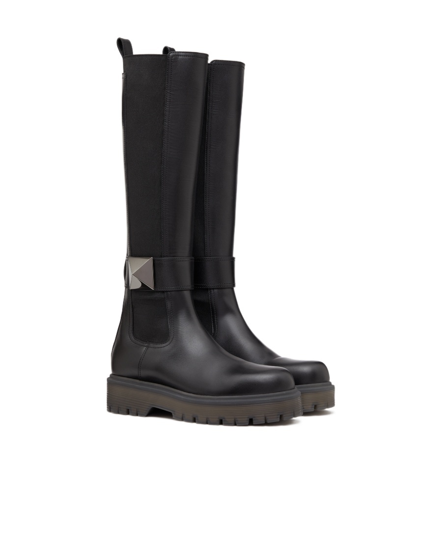 Valentino Garavani One Stud Round Toe Knee-high Boots In Black