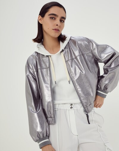 Brunello Cucinelli Laminated Leather Bomber Jacket Puffer Jackets Silver In Metallic