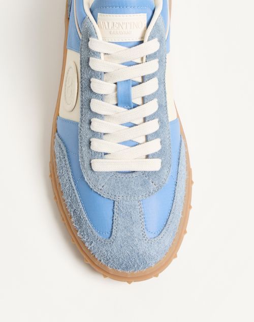 Valentino Upvillage Sneaker In Crust Leather With Nappa Calfskin Leather Band In Gray/sky Blue
