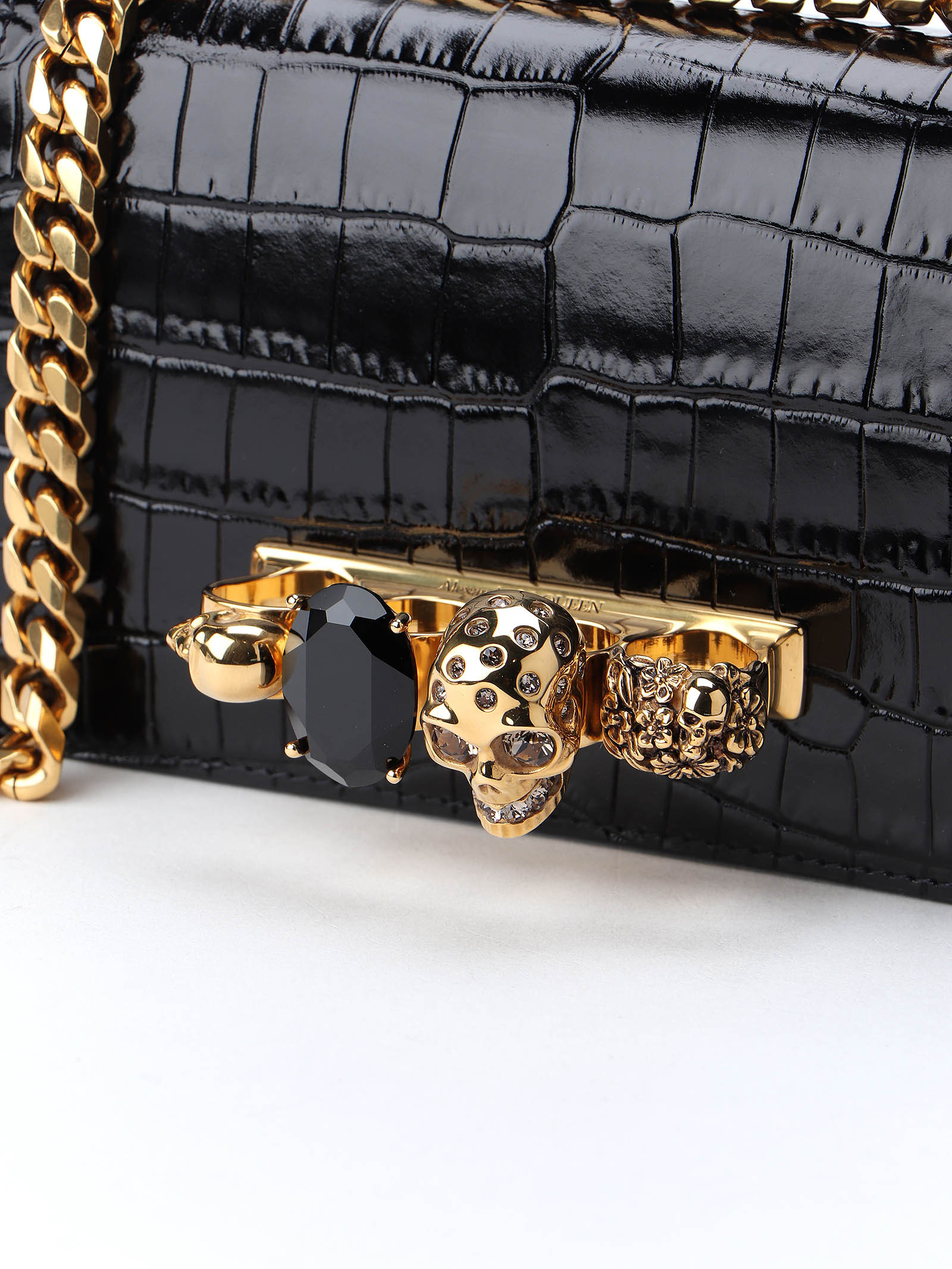 Alexander Mcqueen Jewelled Crocodile-effect Satchel In Black
