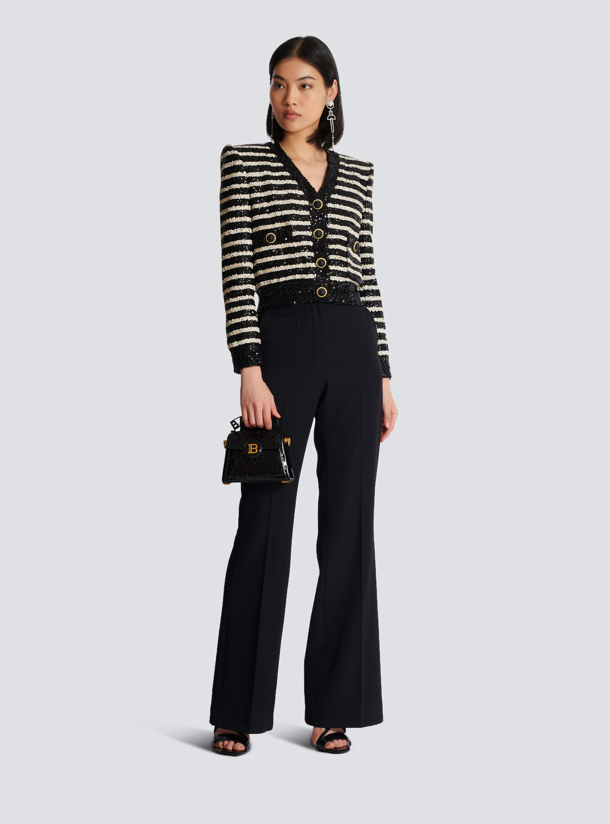 Shop Balmain Striped Sequinned Jacket In Black