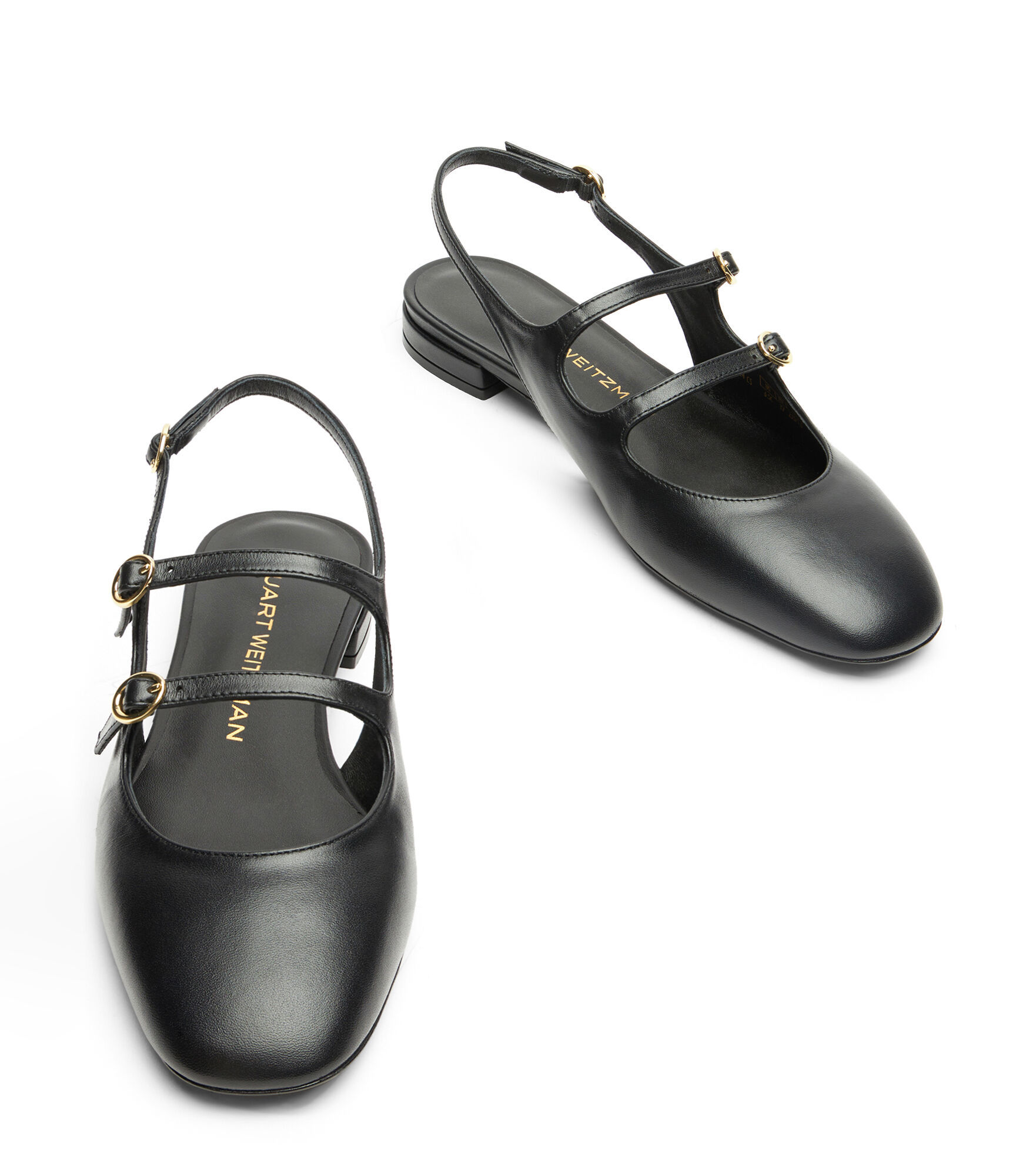 Stuart Weitzman Buckle Cut-out Leather Slingback Ballerina Shoes In Black