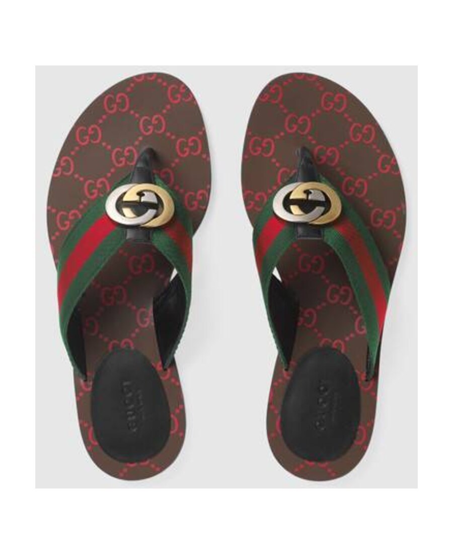 Gucci Gg Web Leather Thong Sandals In Black