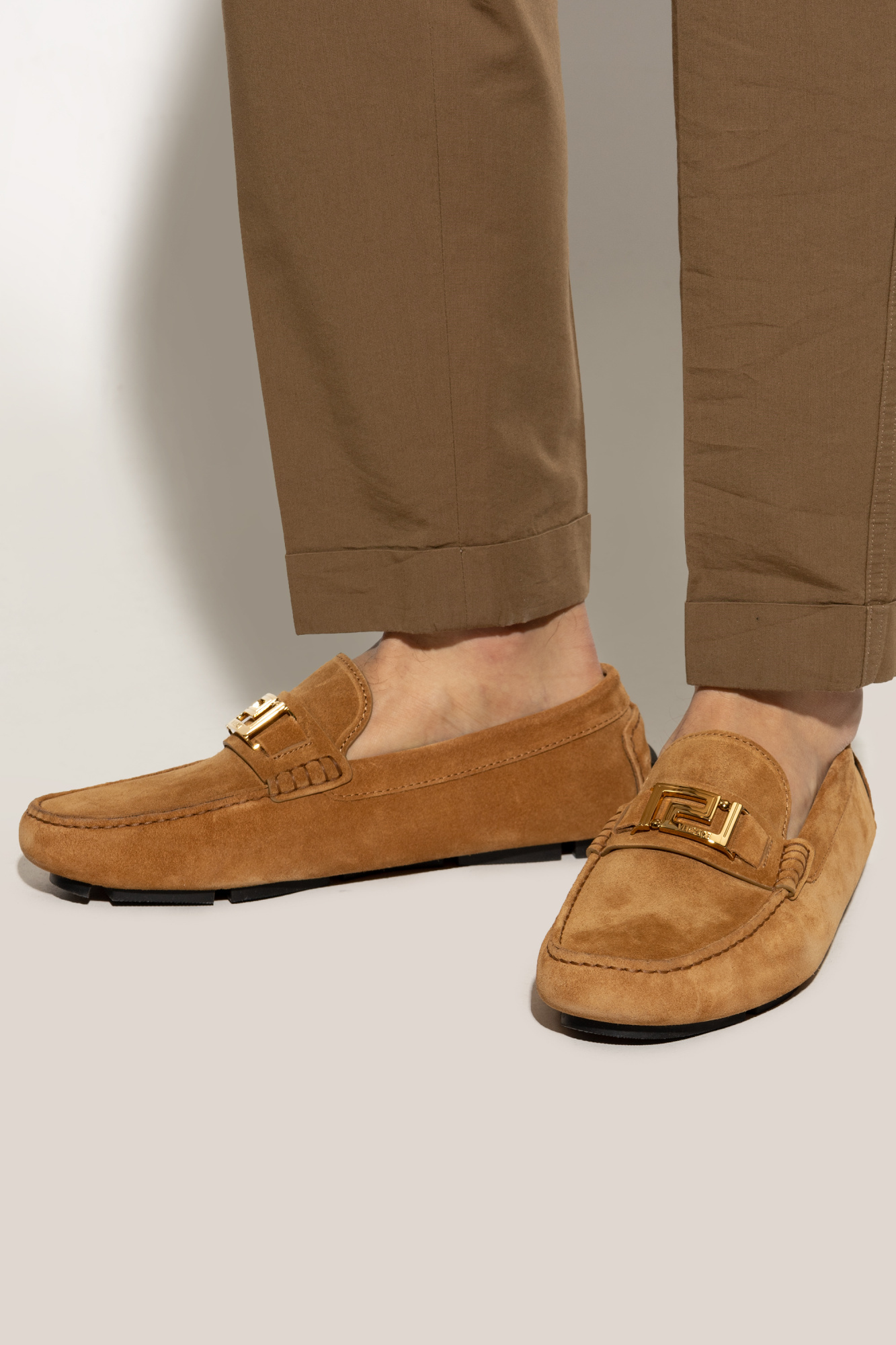 Versace Greca Plaque Suede Loafers In Brown