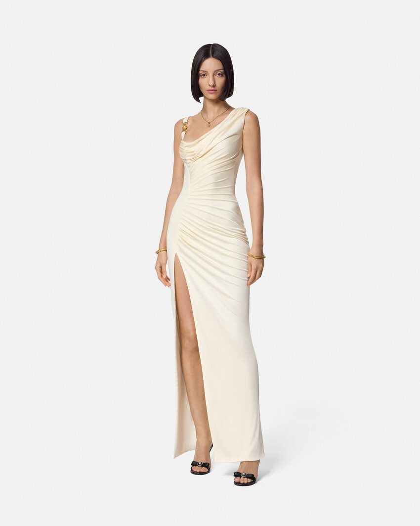 Versace Knee Length Dress Asymmetric Design In White