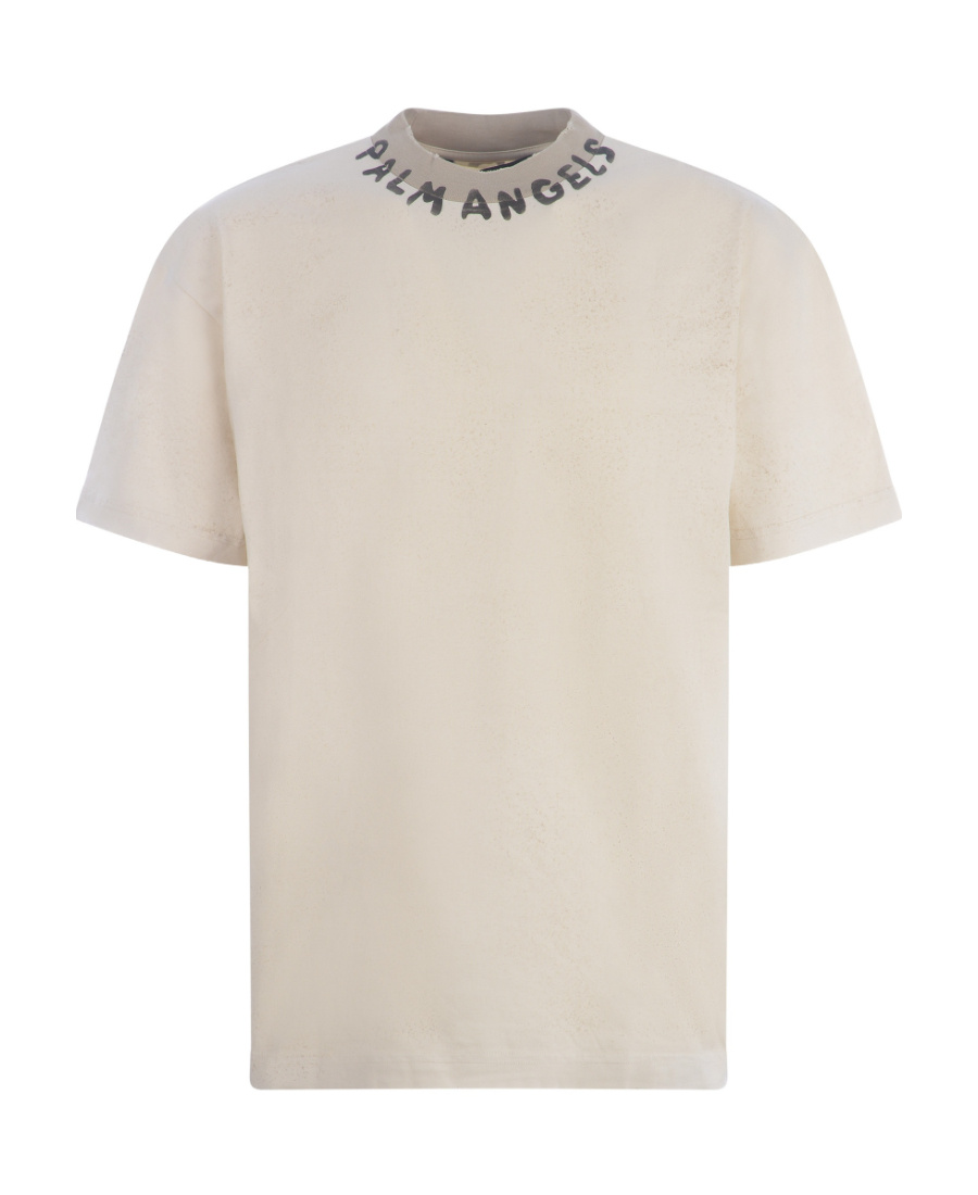 Palm Angels White Crewneck T-shirt With Logo Print On The Neck In Nude