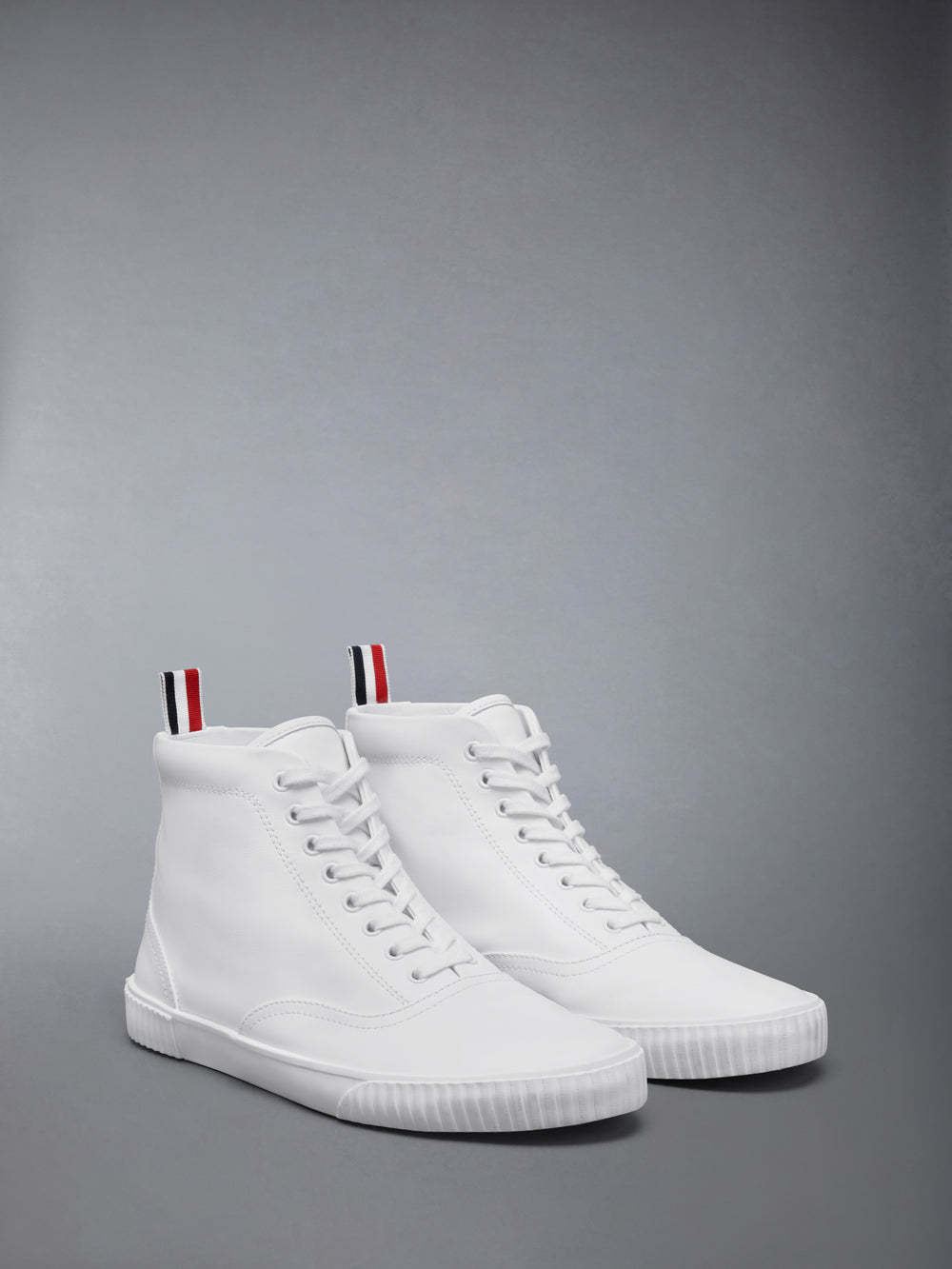 Thom Browne White Vitello Calf Leather High Top Heritage Sneakers In White
