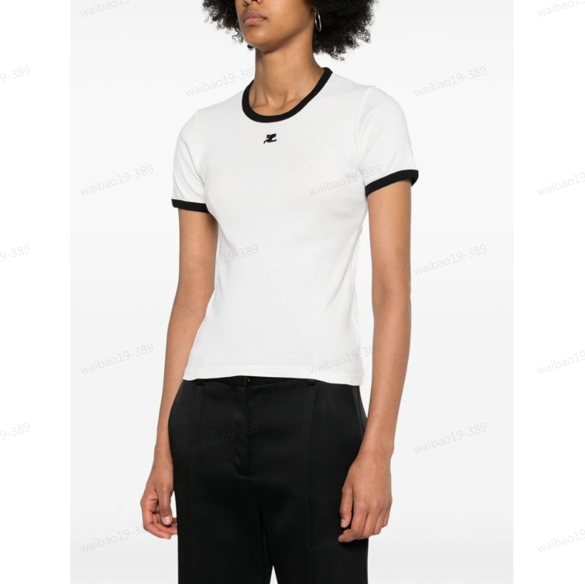Courrèges Fitted White T-shirt With Contrasting Ribbed Trim In White
