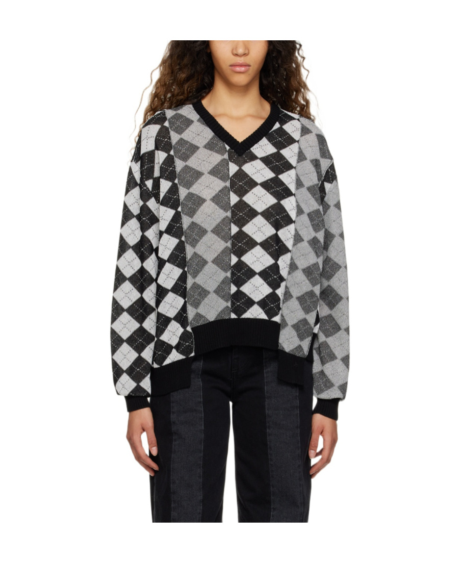 Shop Mm6 Maison Margiela V-neck Argyle Jumper In Black
