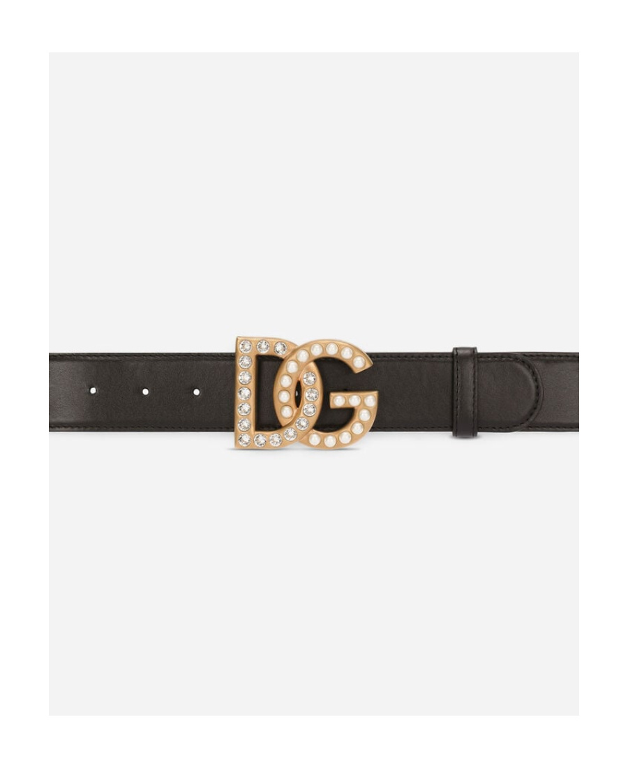 Dolce & Gabbana Embellished Dg Logo Buckle Belt In Calf Leather In Black