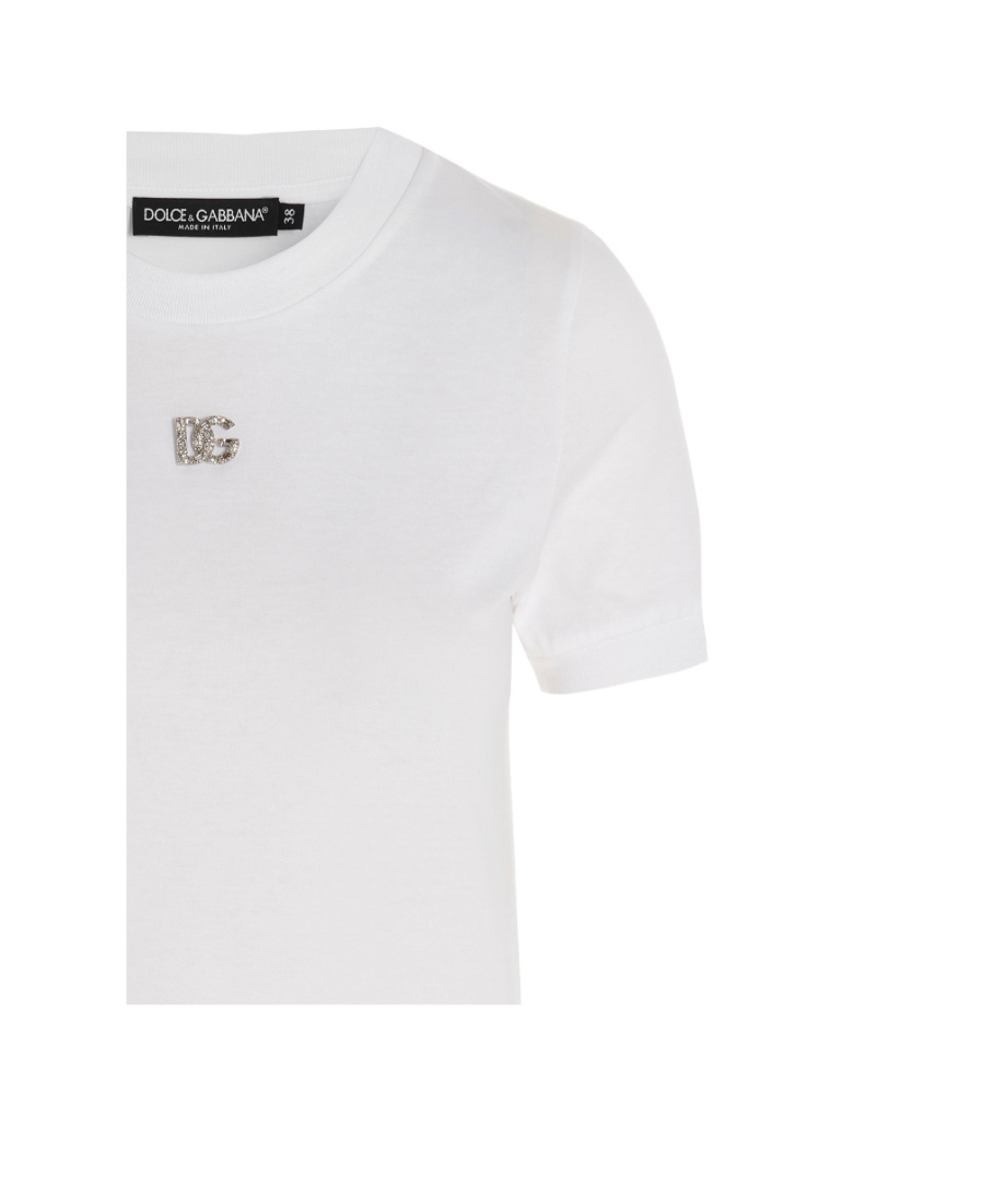 Dolce & Gabbana White T-shirt With Dg Logo On The Front Finished With Rhinestones In Cotton Woman In White