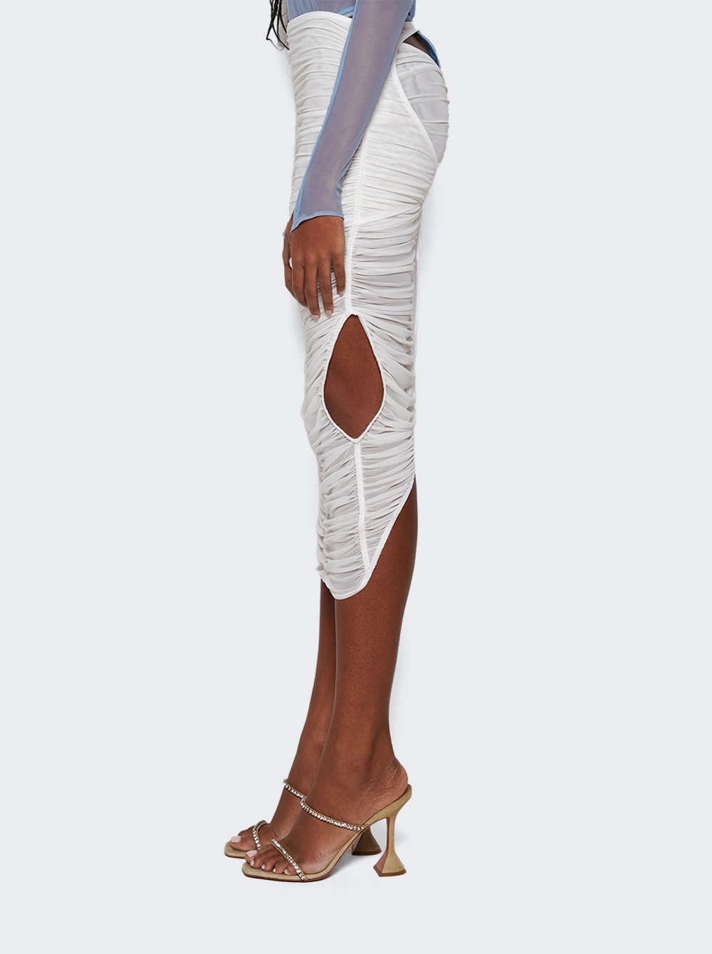 Mugler Mesh Ruched Midi Skirt In White