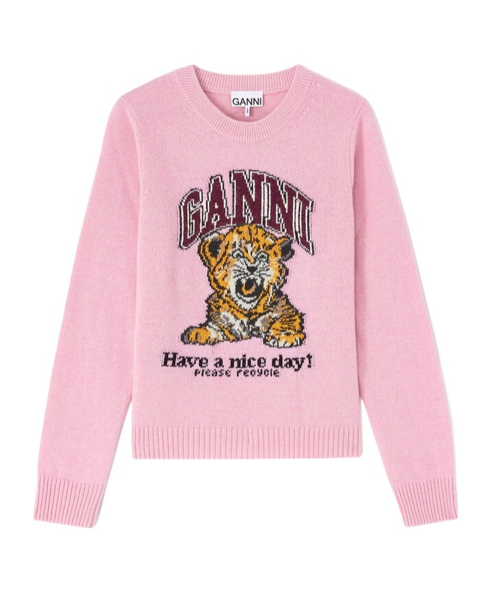 Ganni Graphic Print Long Sleeve Crew Neck Sweater In Pink