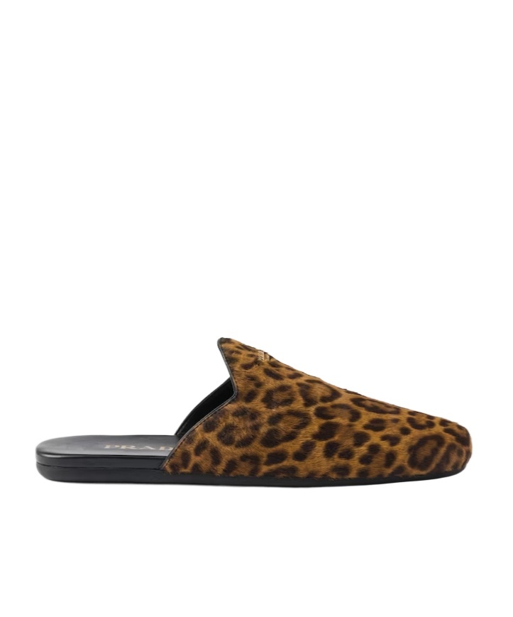 Prada Leopard Calf Hair Flat Mules In Honey-colored