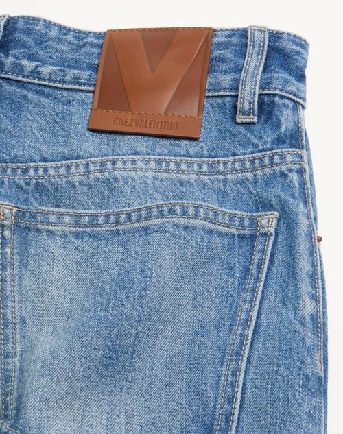 Valentino Garavani Light Blue Jeans With Logo Patch On The Back And Jacquard Cuffs In Denim Woman In Blue