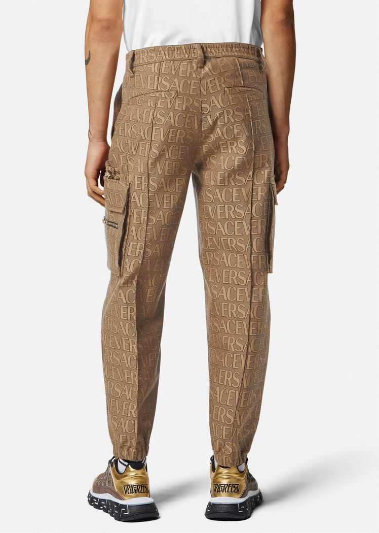 Versace Allover Logo-print Cargo Trousers In Brown