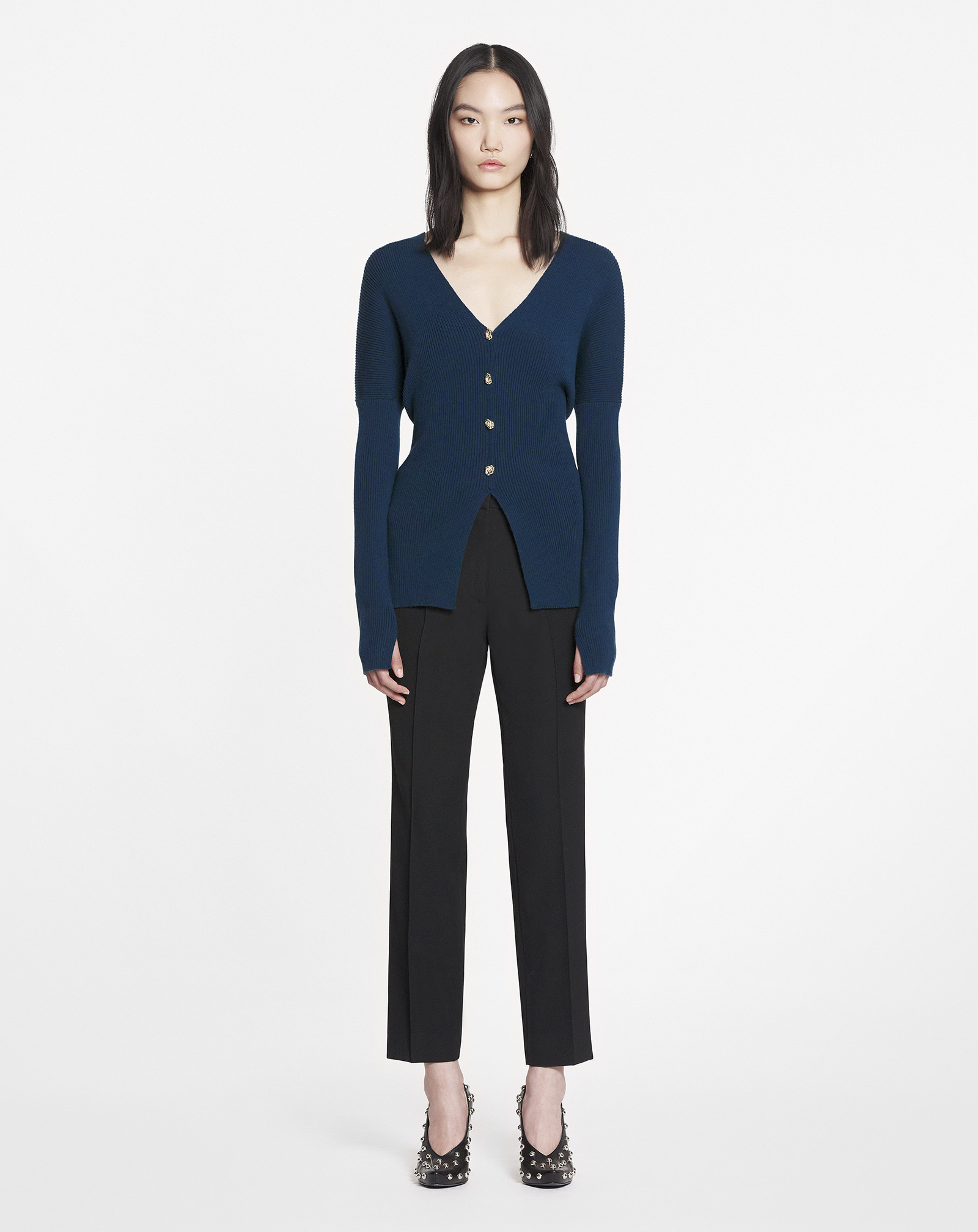Lanvin Petrol Blue In Stretch Wool Blend Cardigan In Blue